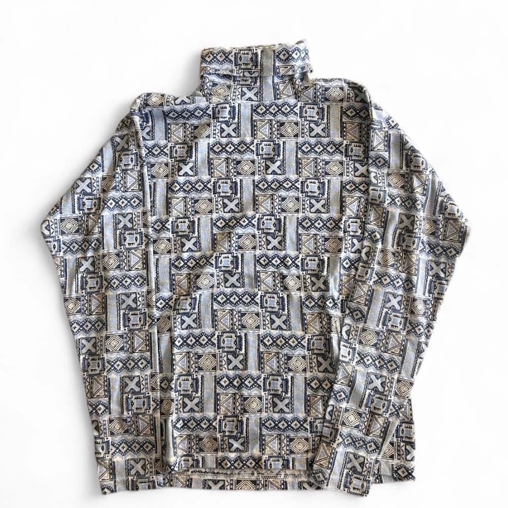 Vintage Croquet Club Blue Patterned Turtleneck Long Sleeve Shirt